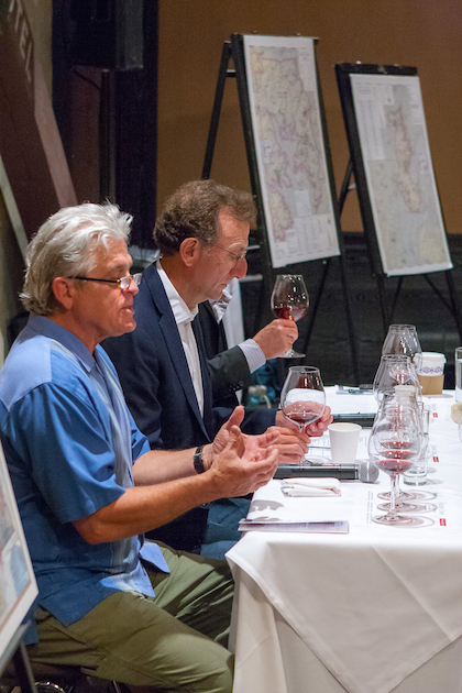 Founding winemaker Ken Wright, left, and Sam Bronfman, co-founder and managing partner of Bacchus Capital Management, lead a discussion of the past and future of Panther Creek Cellars on July 13, 2015 at Imperial in Portland.