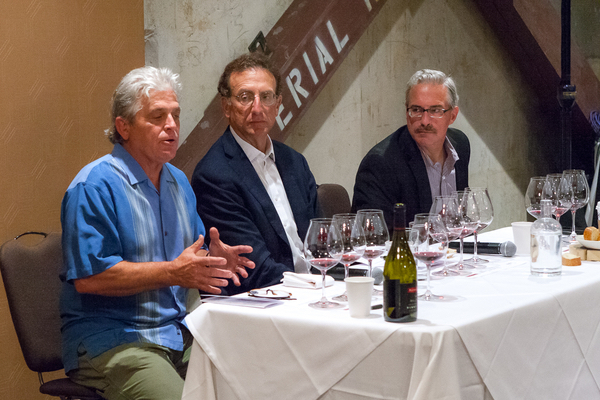 Panther Creek Cellars founder Ken Wright shares some history of the brand with Sam Bronfman, co-founder and managing partner of Bacchus Capital Management, and winemaker Tony Rynders in Portland at The Imperial Hotel. (Photo by Chris Bidelman/Courtesy of Bacchus Capital Management)